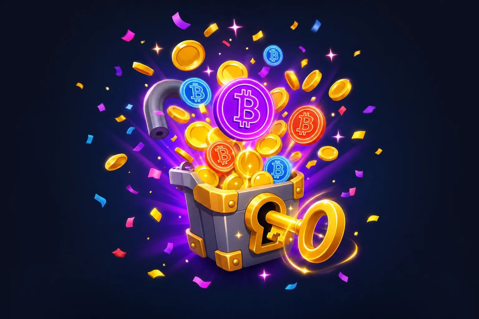 A golden key unlocks a chest of coins of every rarity