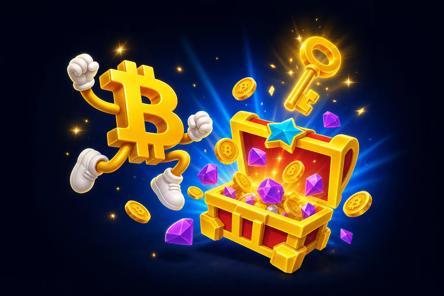 The mascot bursts a golden chest open and a key flies out