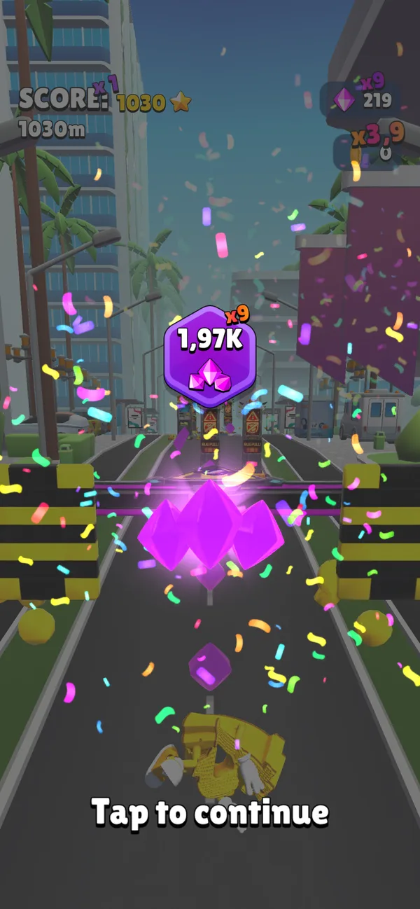 A burst of purple gems and confetti on the track